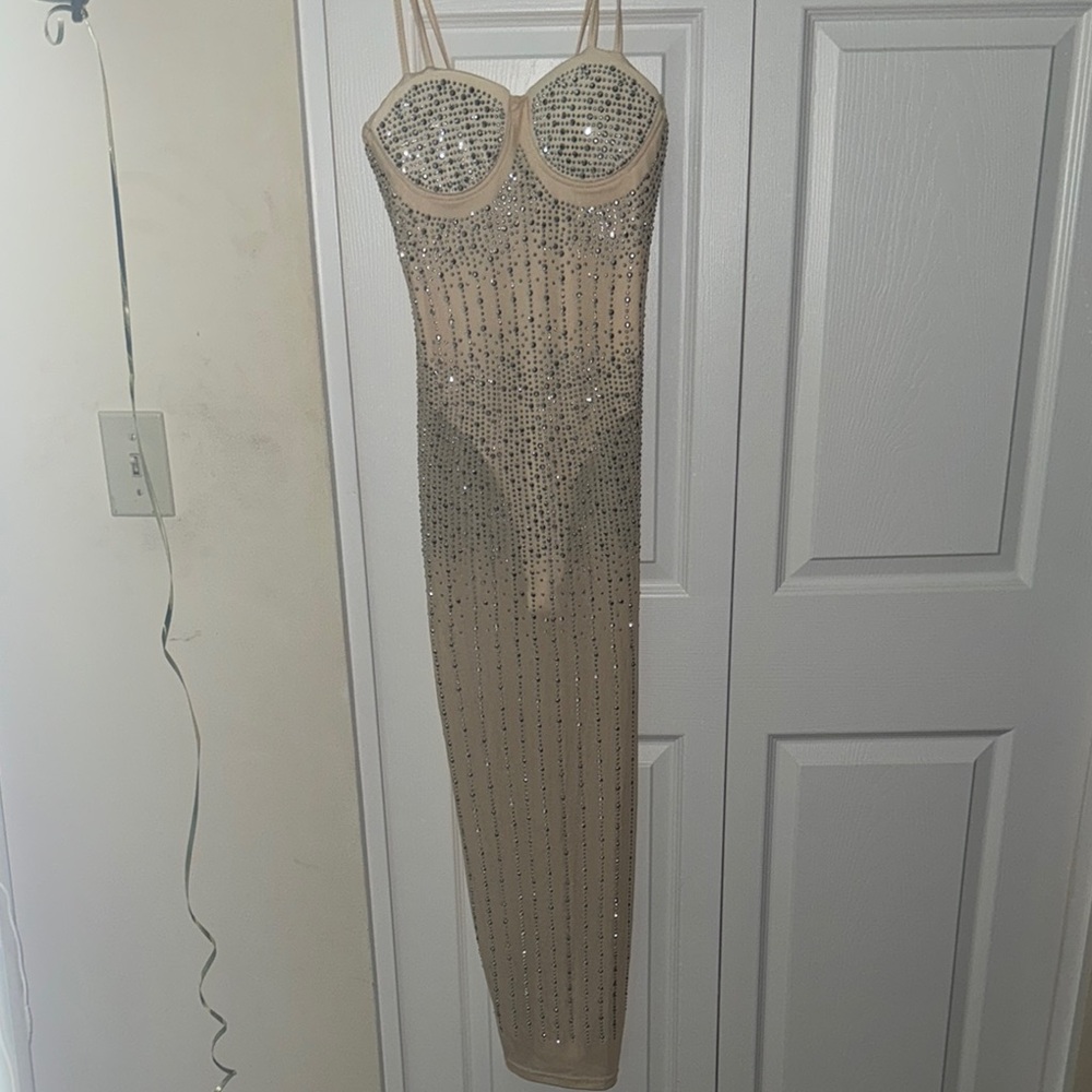 Elegant Beige Rhinestone Dress